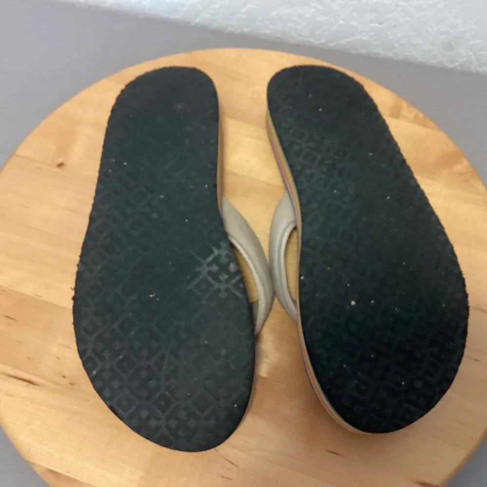 Tory Burch 70s Low Platform Flip‎ Flops Womens 10 Tan Rainbow Stripe S Flatform